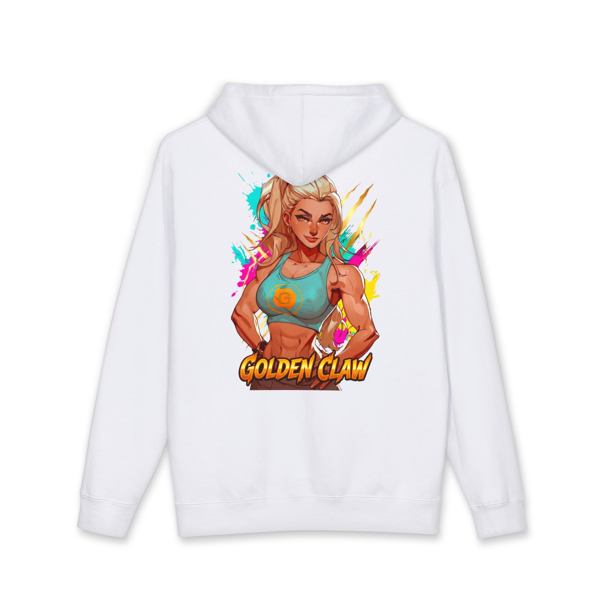 Golden Claw hoodie back view white - gold and bronze anime design by O'Connor