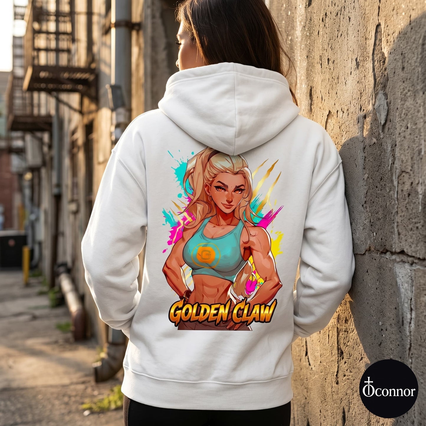 Female model wearing Golden Claw white hoodie seen from behind in urban setting with anime-style elements - O'Connor streetwear