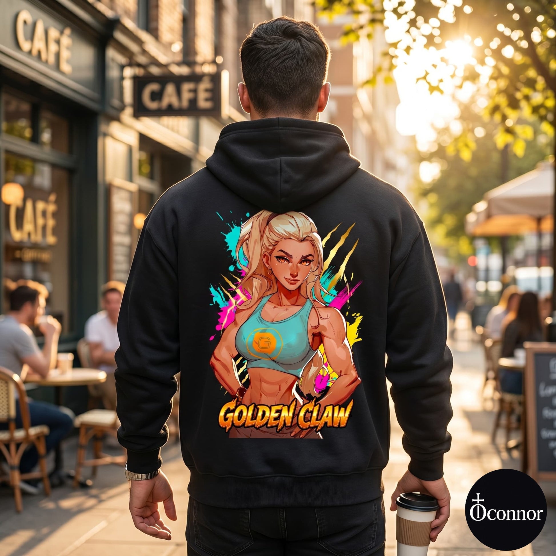 Male model wearing Golden Claw black hoodie seen from behind in urban setting with anime-style elements - O'Connor streetwear