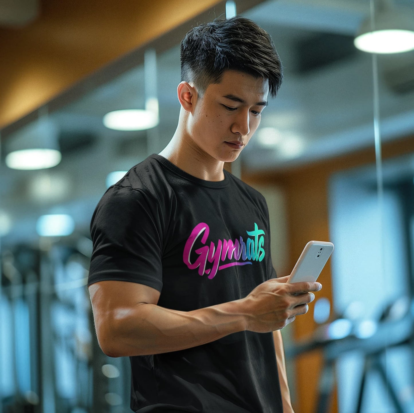 Model wearing Golden Claw polyester performance tee in gym setting - anime workout apparel"
