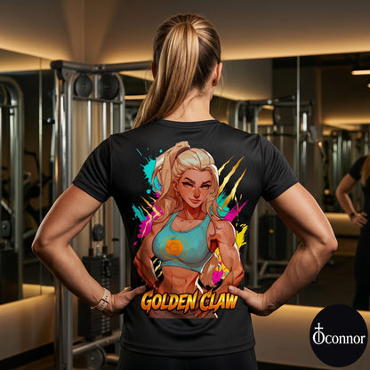 Female athlete wearing Golden Claw anime polyester gym tee in fitness studio - back view showing gold design
