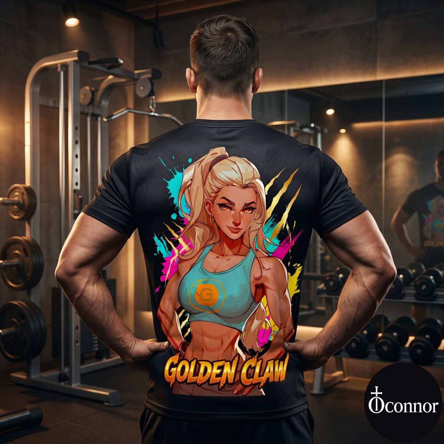 Male athlete wearing Golden Claw anime polyester gym tee in fitness studio - back view showing gold design