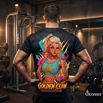 Male athlete wearing Golden Claw anime polyester gym tee in fitness studio - back view showing gold design
