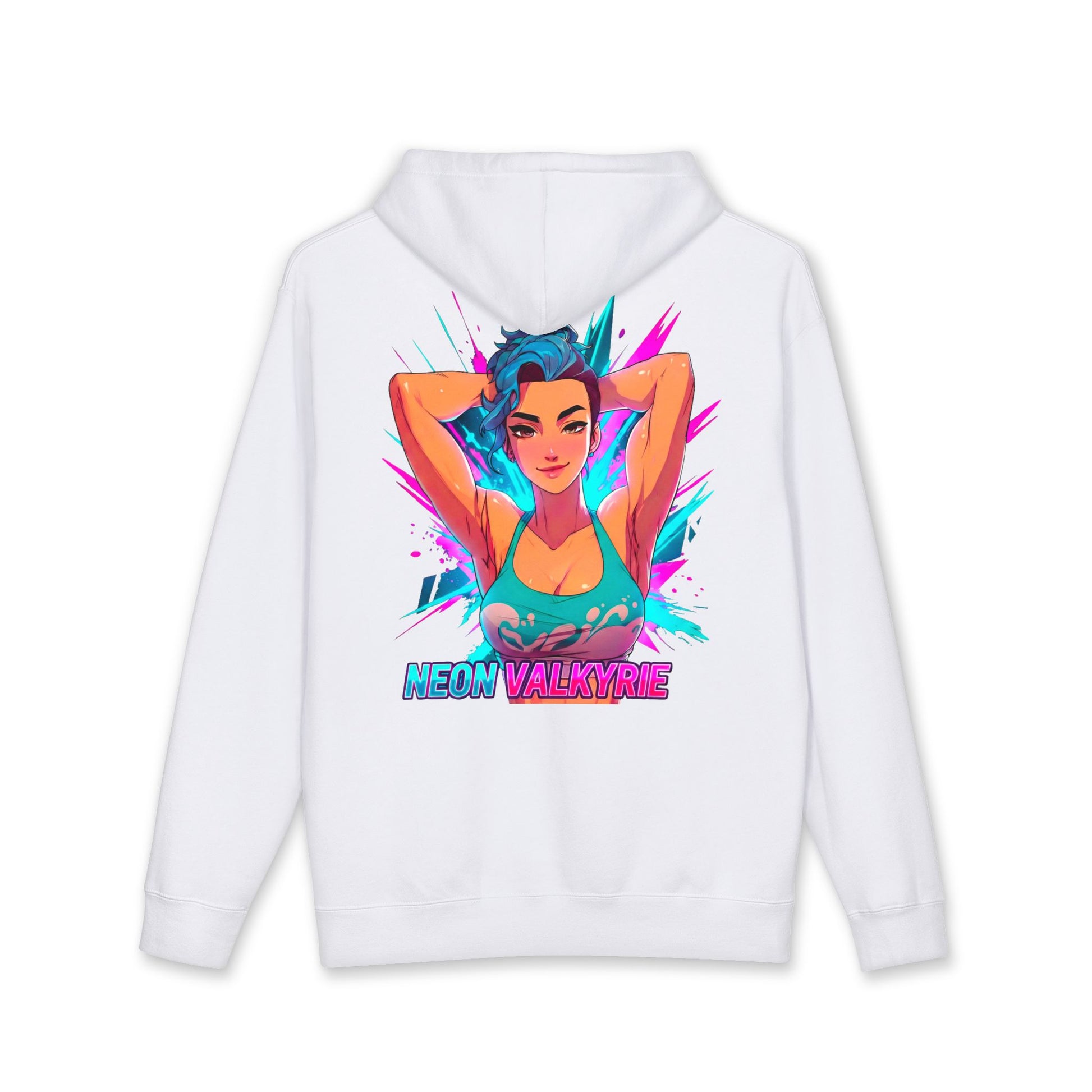 Neon Valkyrie hoodie back view white - neon purple and cyan anime design by O'Connor