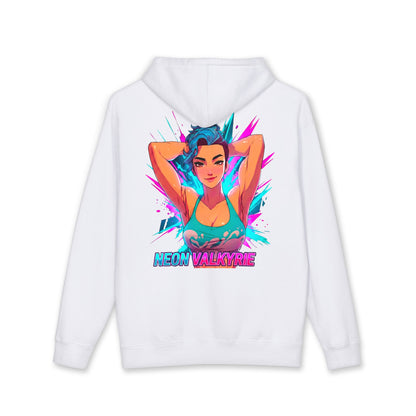 Neon Valkyrie hoodie back view white - neon purple and cyan anime design by O'Connor