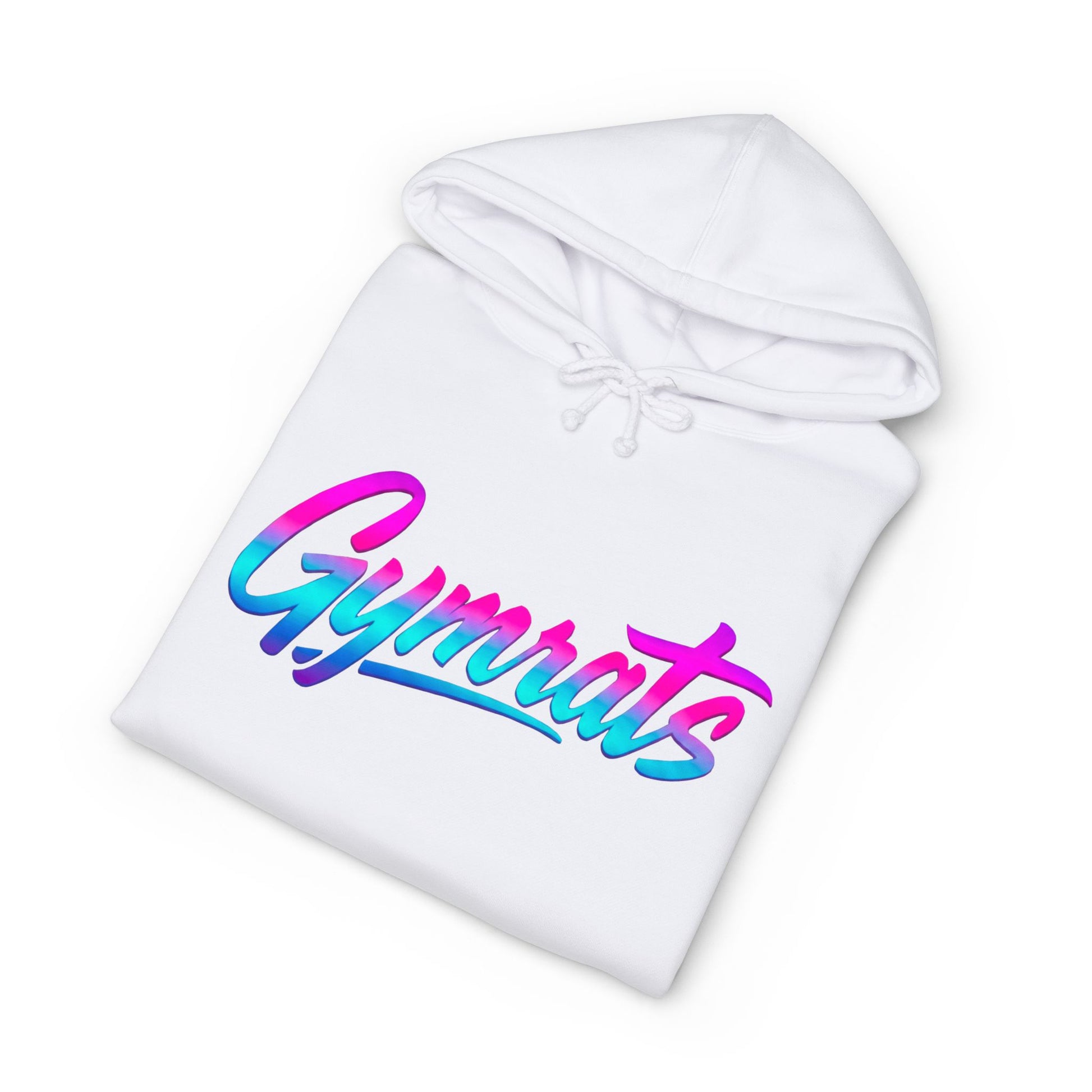 Neon Valkyrie folded white hoodie showing Gymrats collection logo