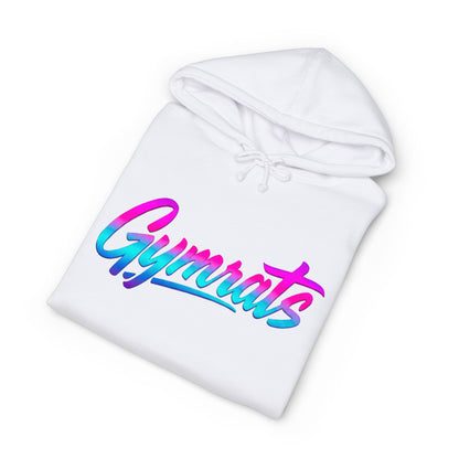 Neon Valkyrie folded white hoodie showing Gymrats collection logo