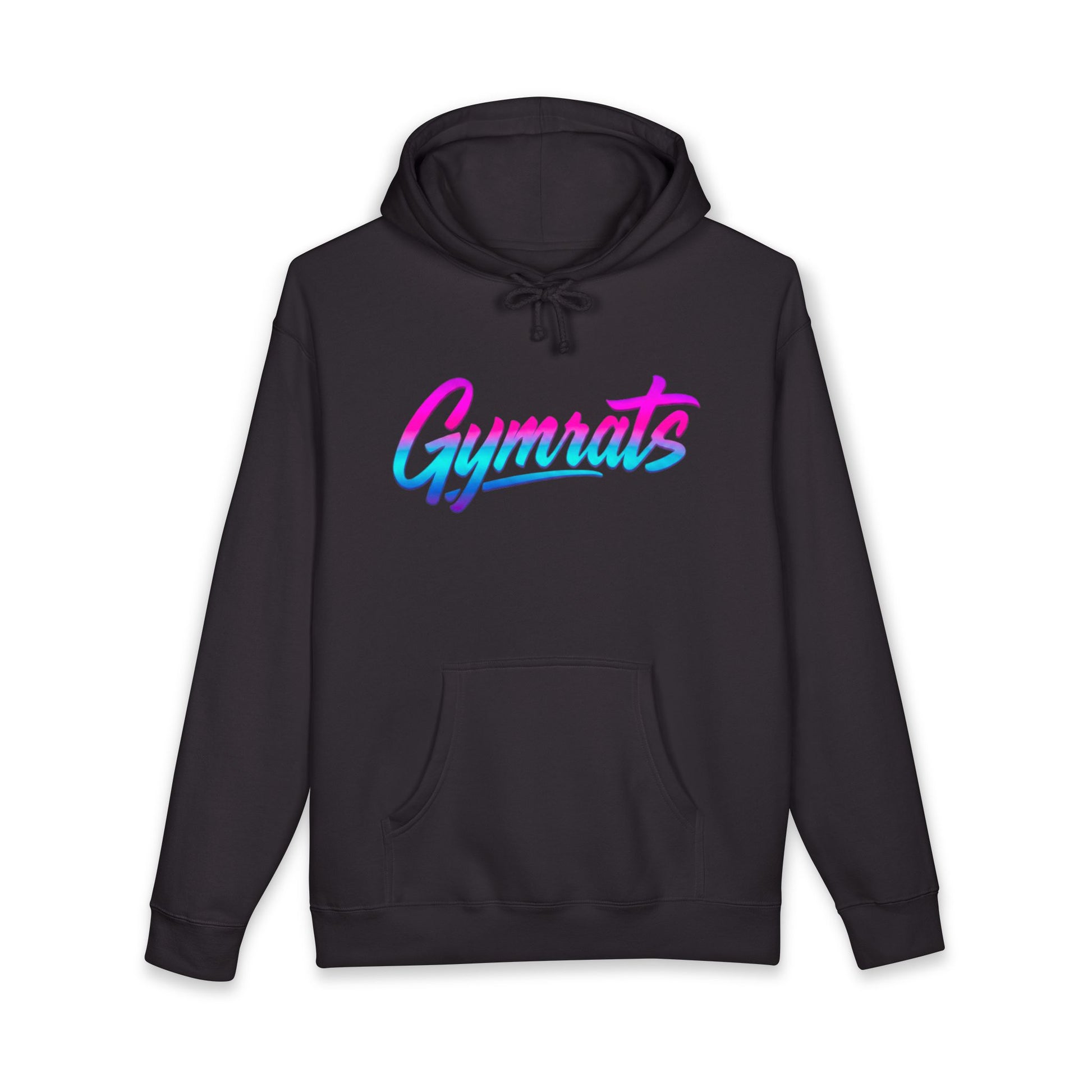 Neon Valkyrie hoodie front view black with Gymrats logo - anime gym apparel