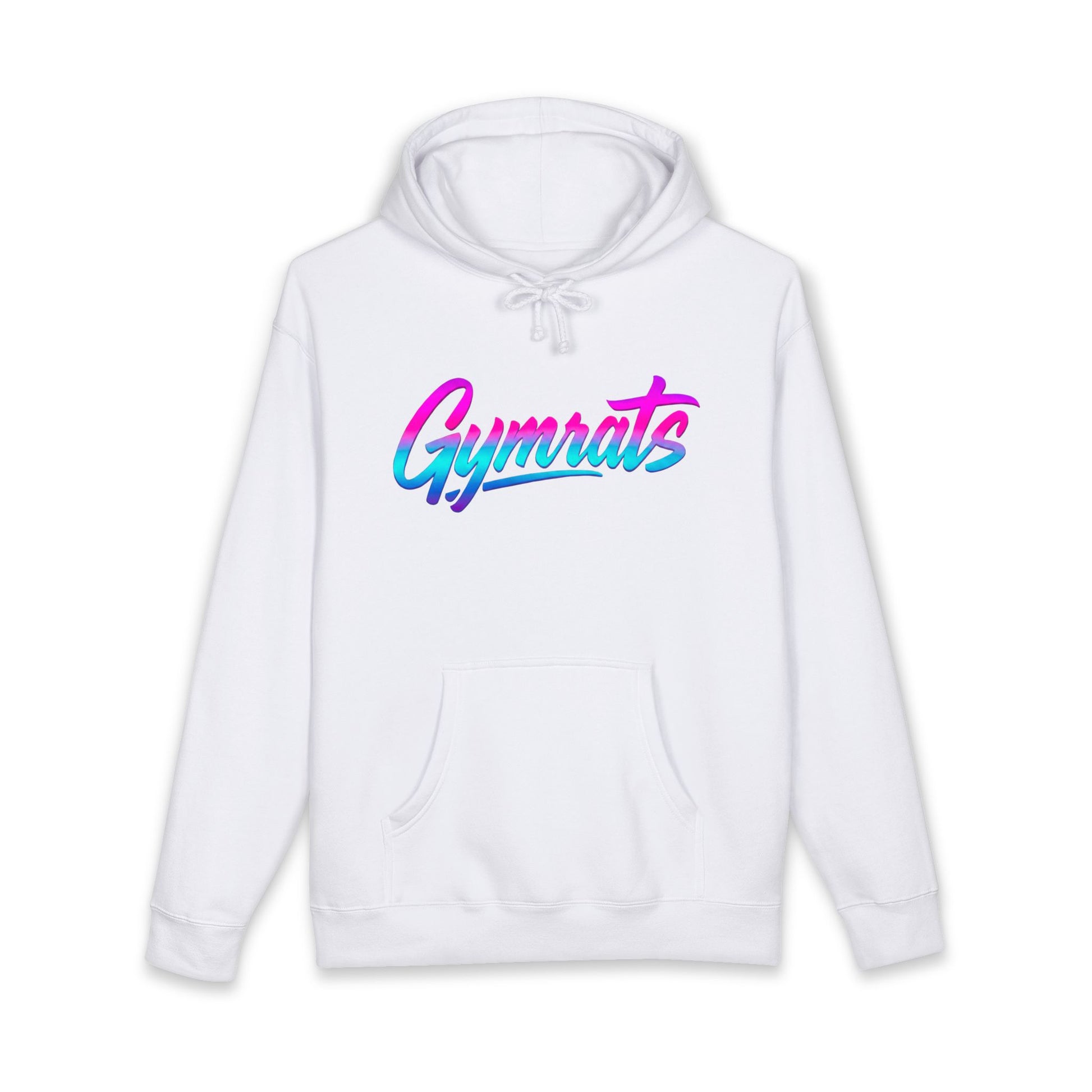 Neon Valkyrie hoodie front view white with Gymrats logo - anime gym apparel