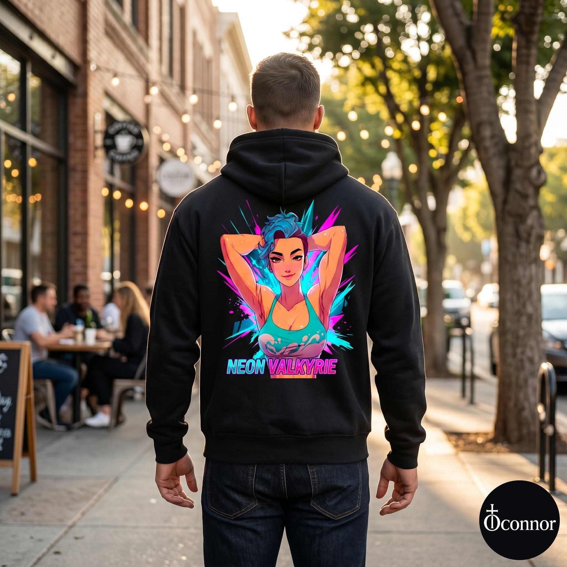 Male model wearing Neon Valkyrie black hoodie seen from behind in urban setting with anime-style elements - O'Connor streetwear