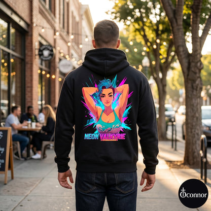Male model wearing Neon Valkyrie black hoodie seen from behind in urban setting with anime-style elements - O'Connor streetwear