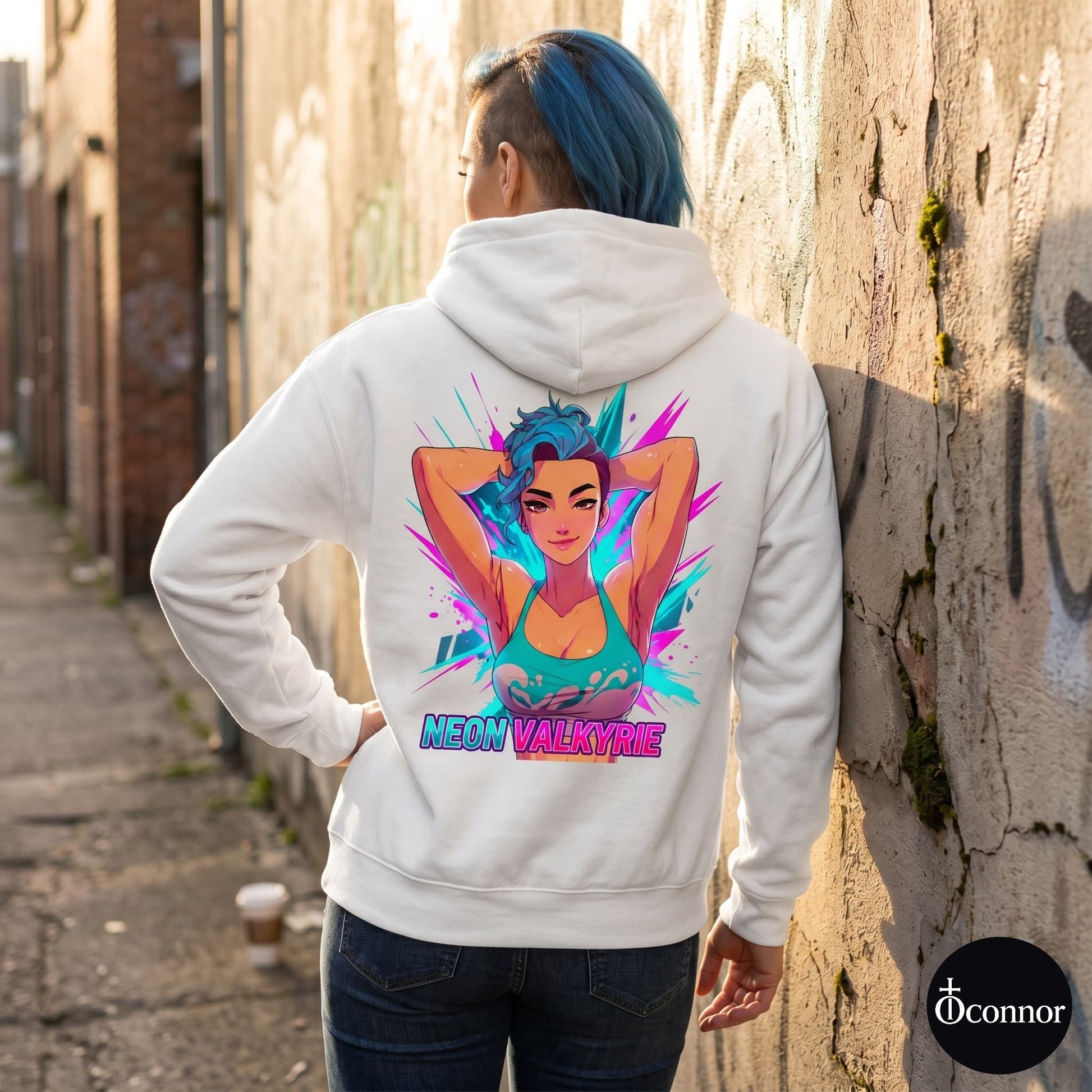Female model wearing Neon Valkyrie white hoodie seen from behind in urban setting with anime-style elements - O'Connor streetwear