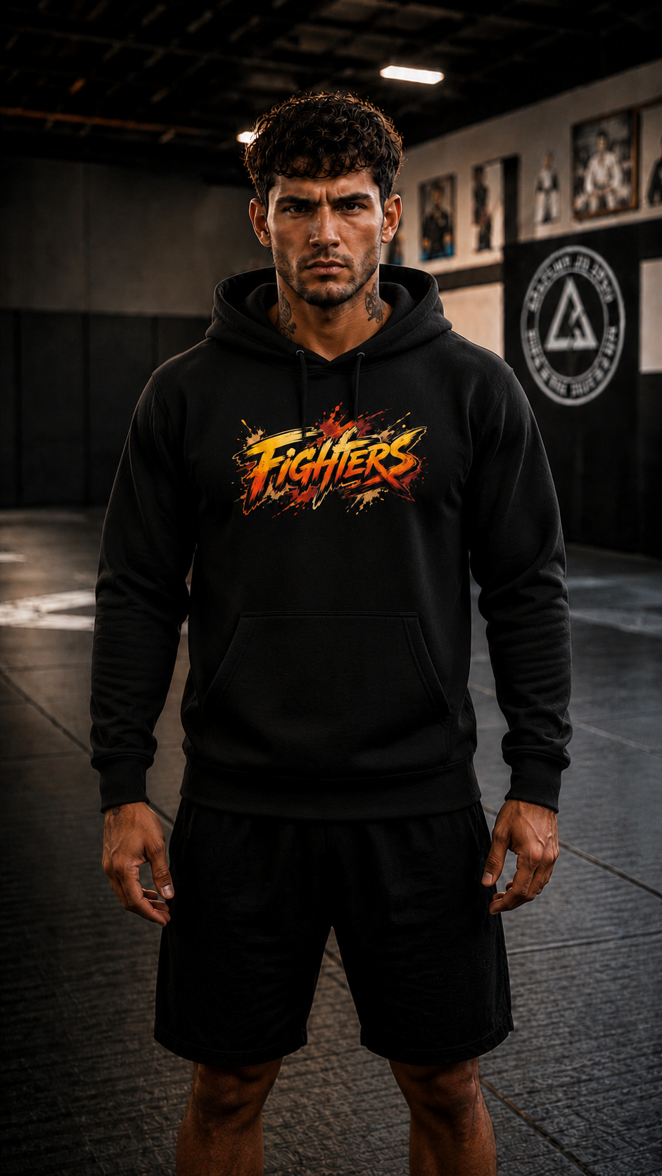 Man wearing a black hoodie with 'The Fighters' logo in a gym setting