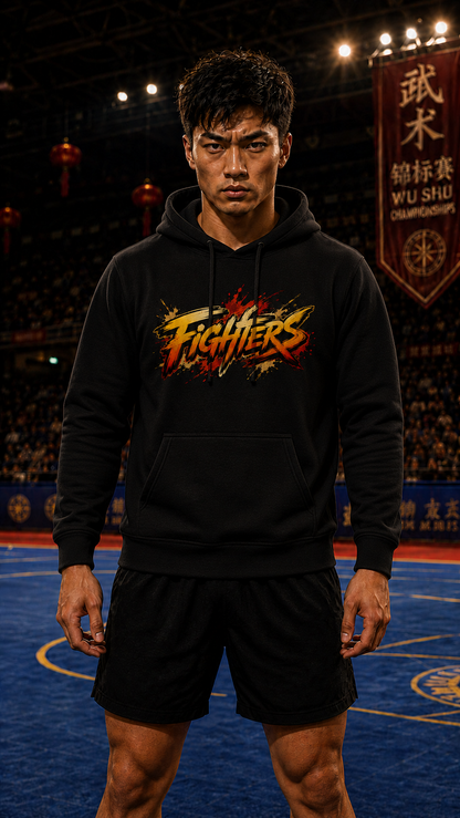 Men wearing Wu Shu anime hoodie - O'Connor Fighters collection