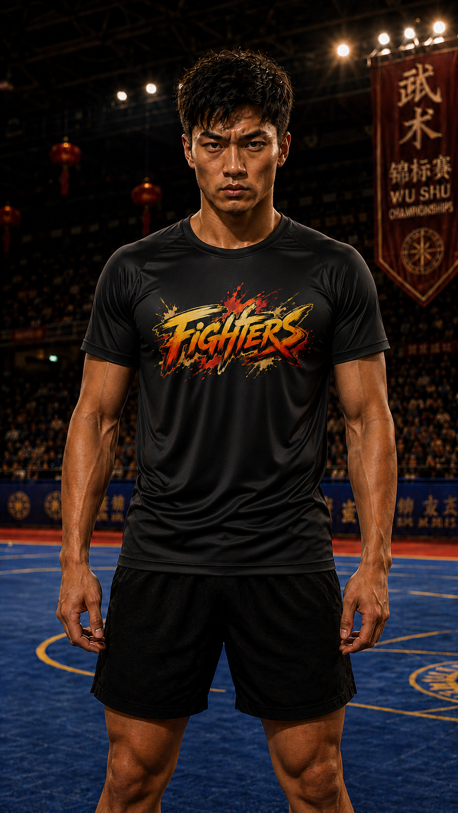 Man wearing a black t-shirt with 'The Fighters' logo on a martial arts competition background
