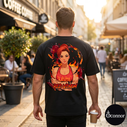 Male model wearing Red Venom black cotton t-shirt seen from behind in urban setting with anime-style elements - O'Connor streetwear