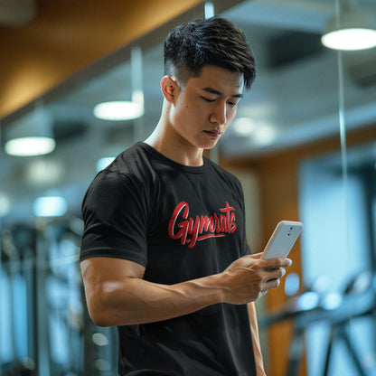 Model wearing Red Venom polyester performance tee in gym setting - anime workout apparel