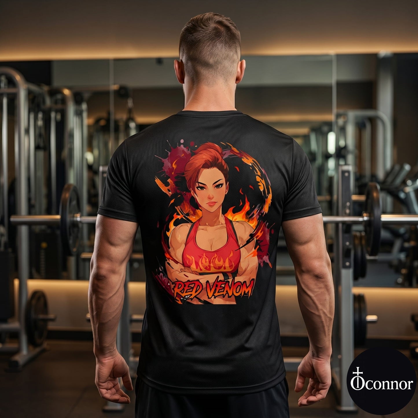 Male athlete wearing Red Venom anime polyester gym tee in fitness studio - back view showing red design