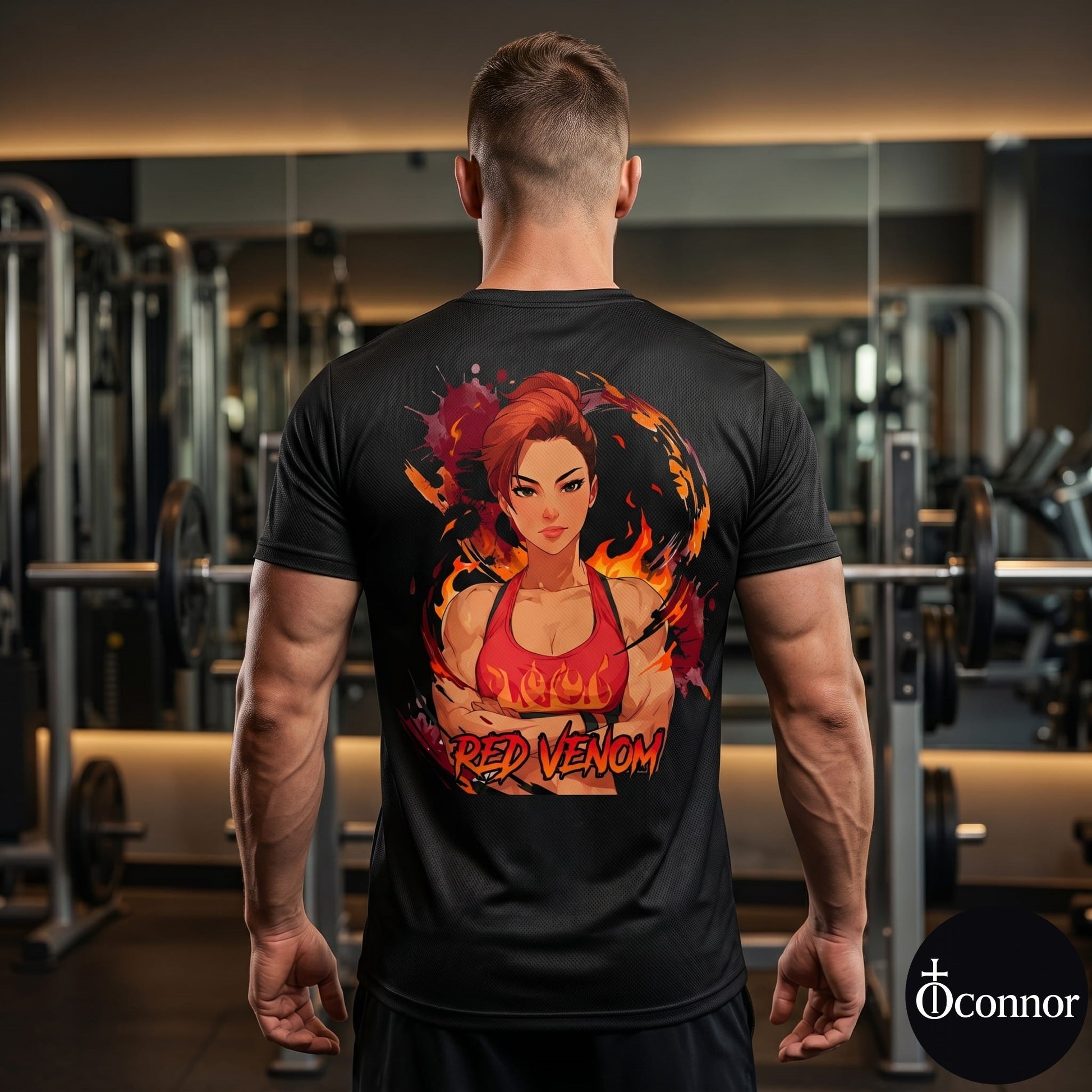 Male athlete wearing Red Venom anime polyester gym tee in fitness studio - back view showing red design