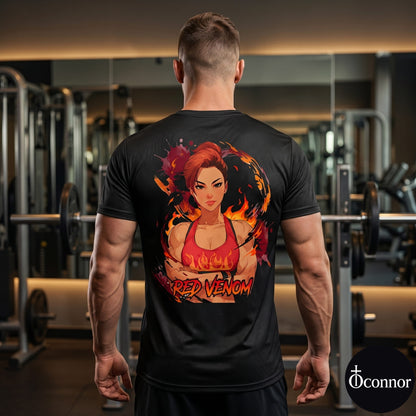 Male athlete wearing Red Venom anime polyester gym tee in fitness studio - back view showing red design