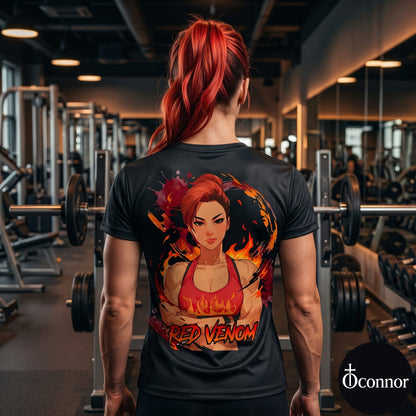 Female athlete wearing Red Venom anime polyester gym tee in fitness studio - back view showing red design