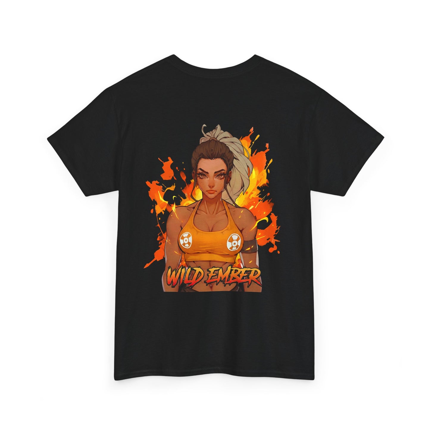 Wild Ember cotton t-shirt back view black - fiery orange and red anime design by O'Connor