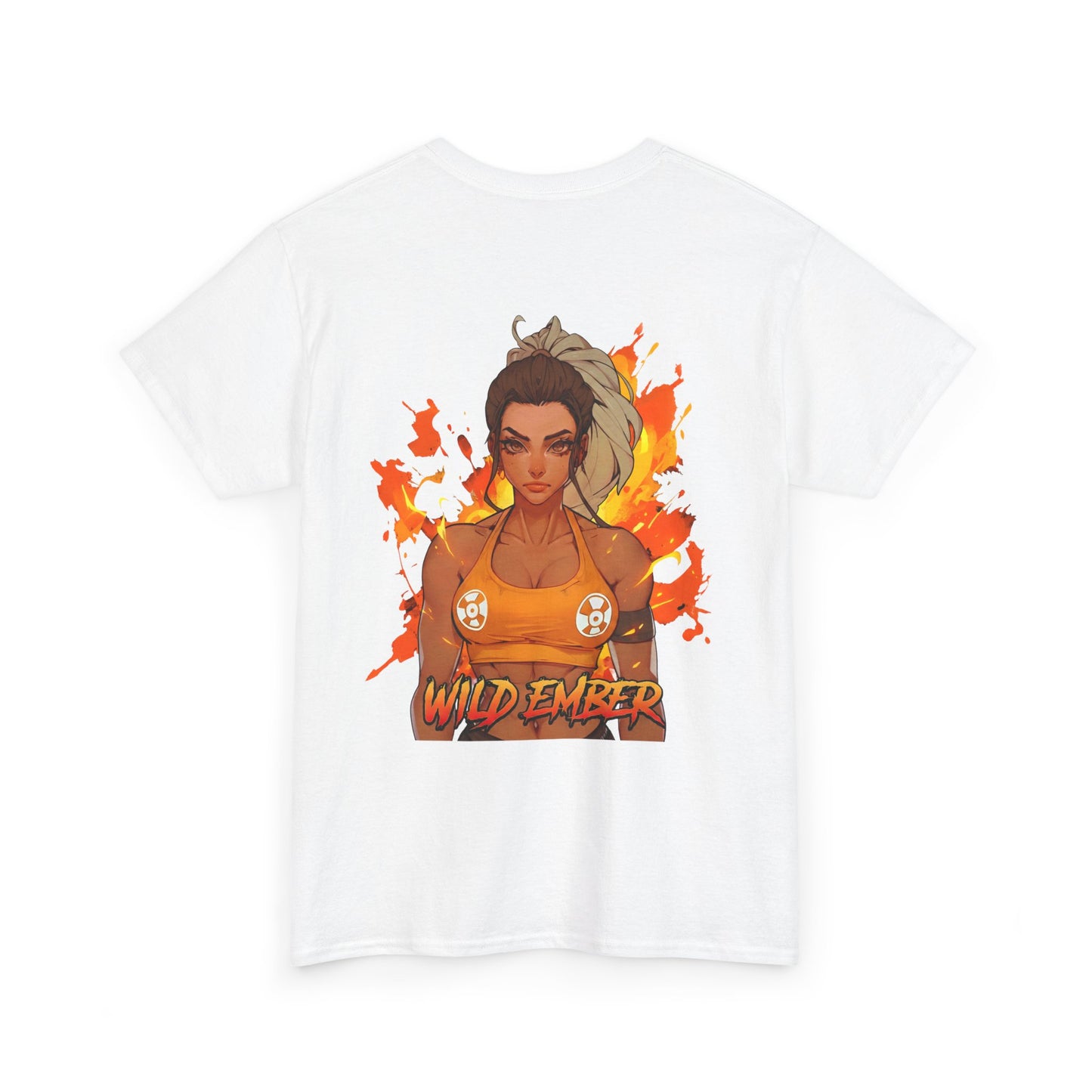 Wild Ember cotton t-shirt back view white - fiery orange and red anime design by O'Connor