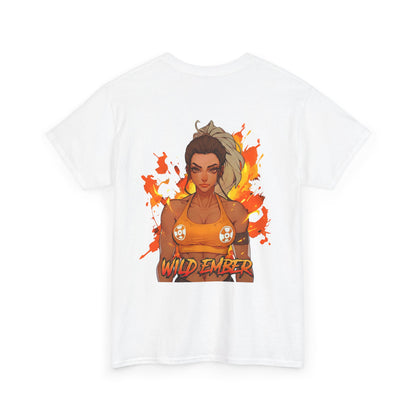 Wild Ember cotton t-shirt back view white - fiery orange and red anime design by O'Connor