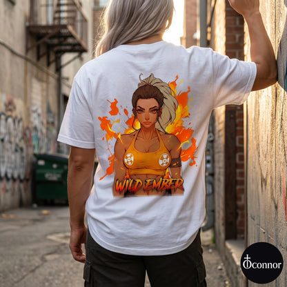 Female model wearing Wild Ember white cotton t-shirt seen from behind in urban setting with anime-style elements - O'Connor streetwear