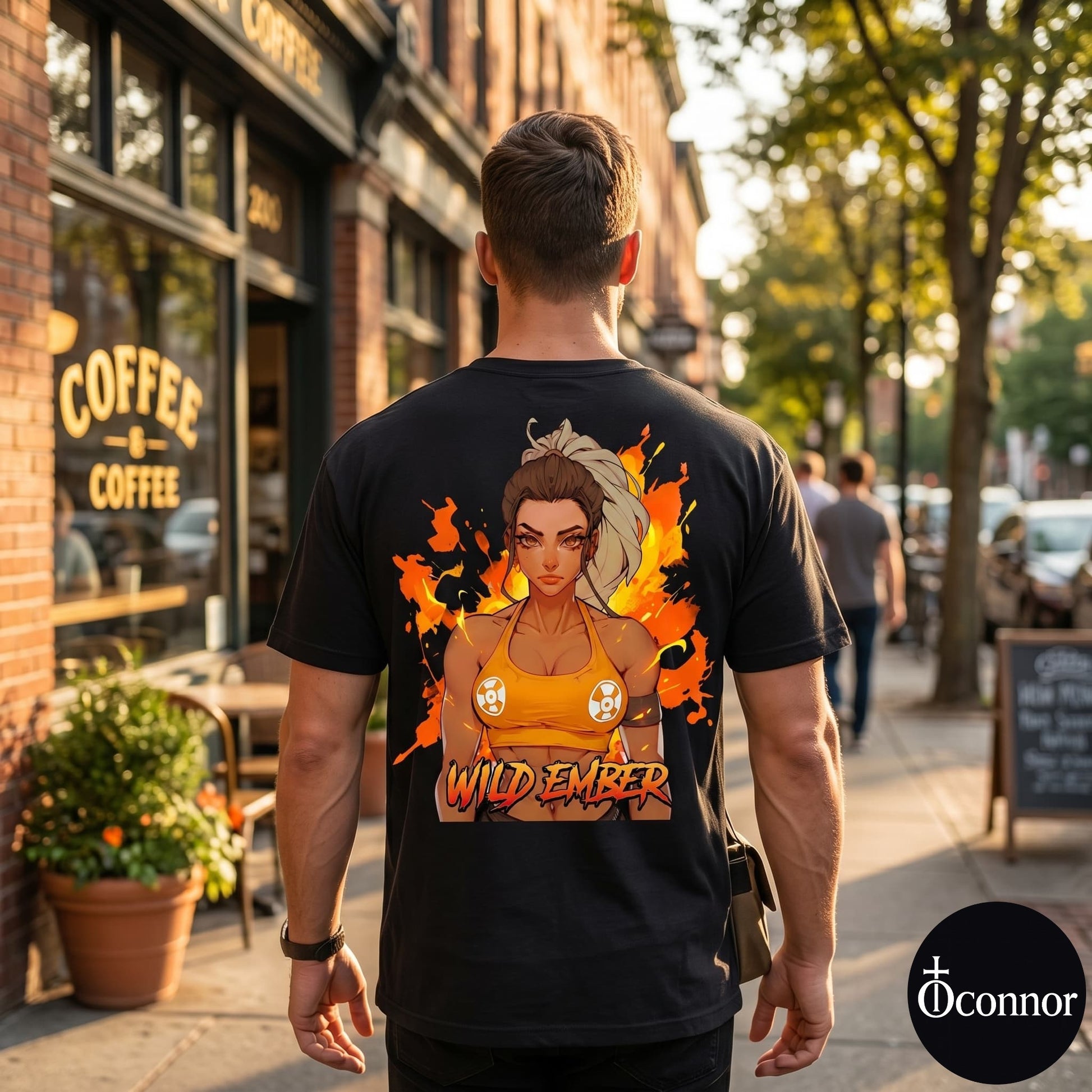 Male model wearing Wild Ember black cotton t-shirt seen from behind in urban setting with anime-style elements - O'Connor streetwear