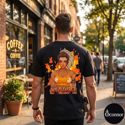 Male model wearing Wild Ember black cotton t-shirt seen from behind in urban setting with anime-style elements - O'Connor streetwear
