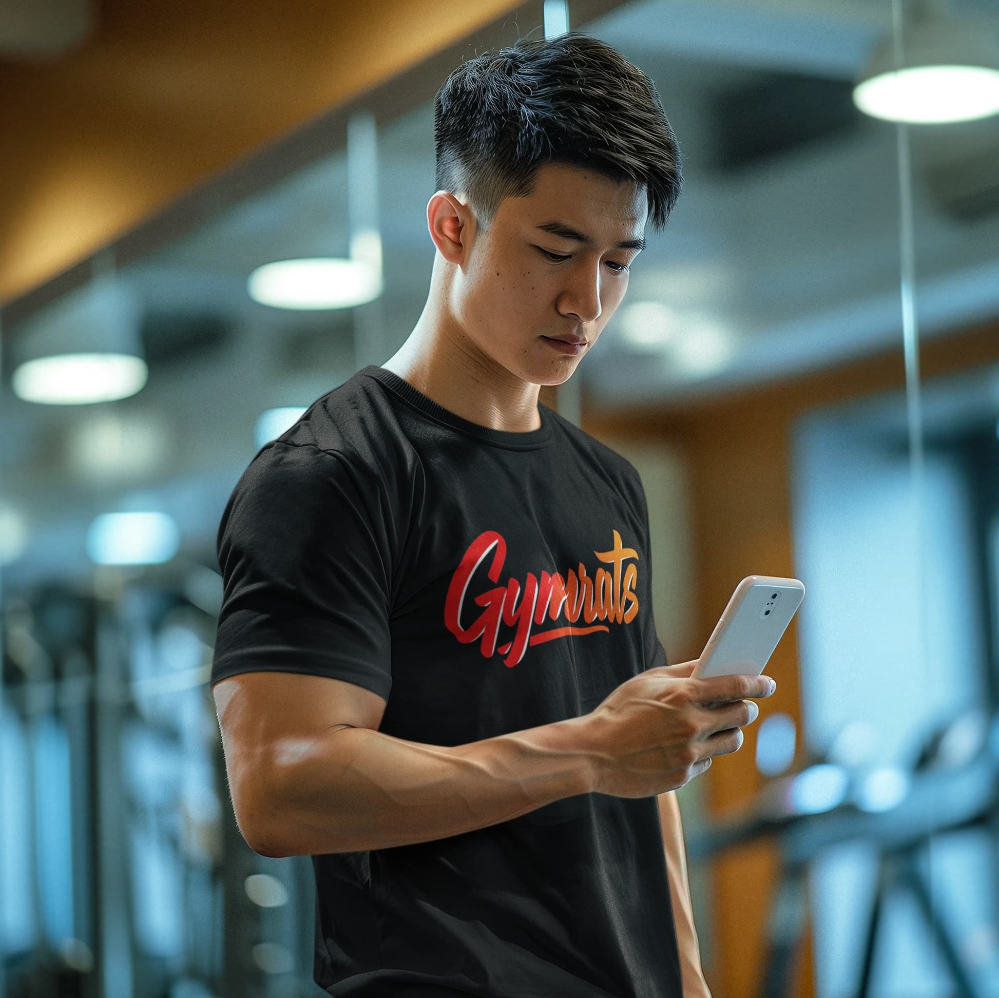 Model wearing Wild Ember polyester performance tee in gym setting - anime workout apparel