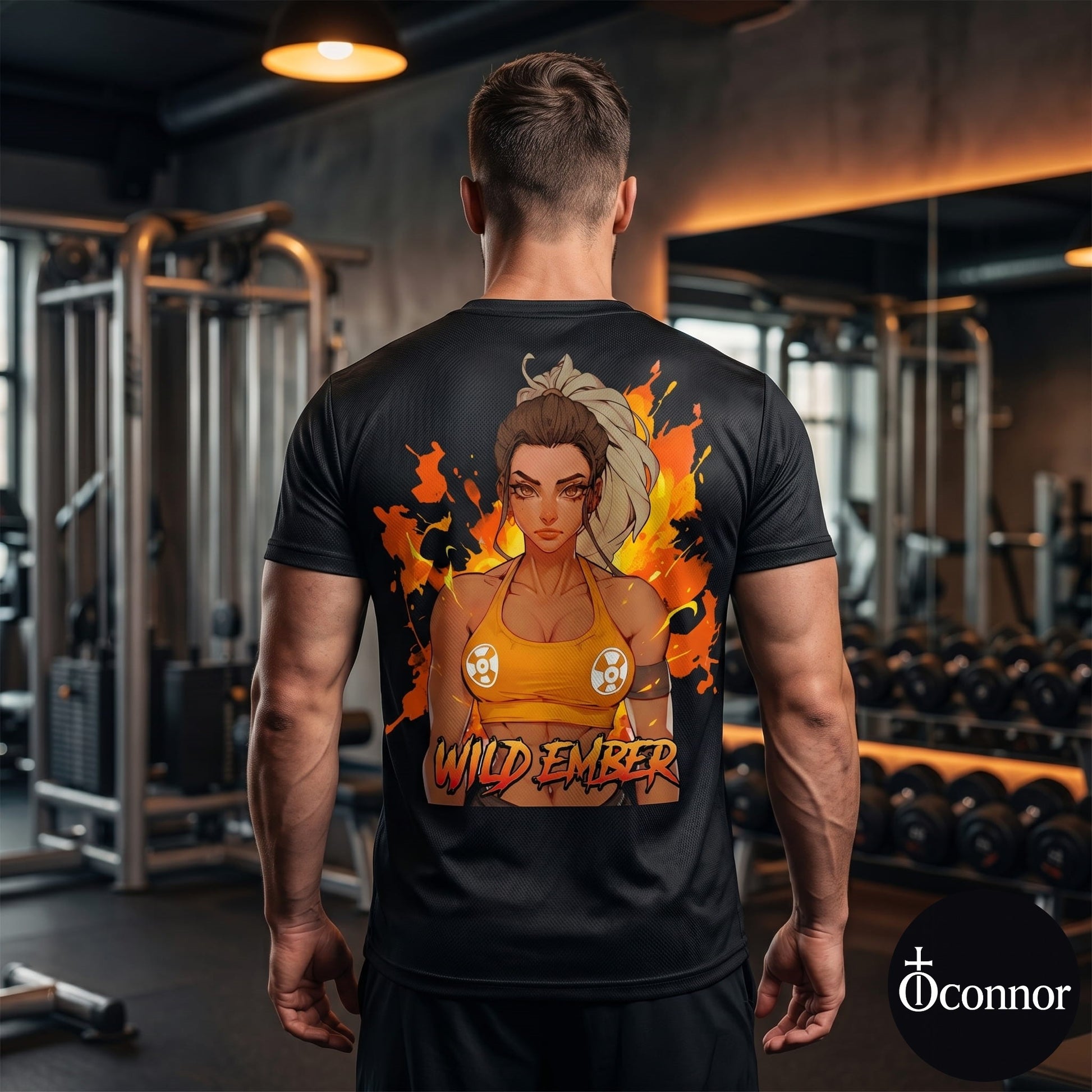 Male athlete wearing Wild Ember anime polyester gym tee in fitness studio - back view showing orange design