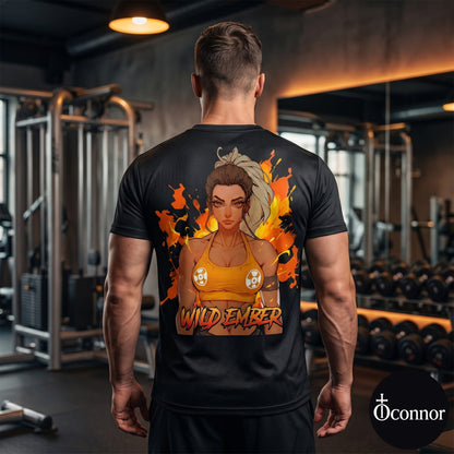 Male athlete wearing Wild Ember anime polyester gym tee in fitness studio - back view showing orange design